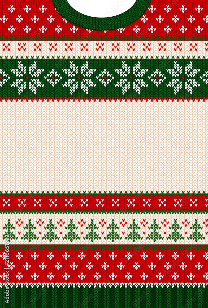 Obraz premium Winter knitted texture template with text space for holiday greeting card, party invitation, advertising banner. Festive traditional ornament background, red, green, white colors.