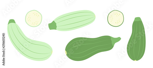Zucchini, a set of vegetables. An isolated object for design. Vector illustration, flat style. Ingredient, food packaging design element, recipes.