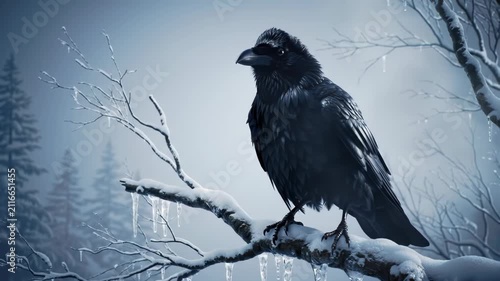 Large black raven perched on a snow-covered branch with frozen icicles in a foggy winter forest landscape featuring evergreen trees and a cold blue atmosphere.