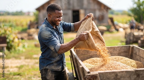 African American man farmer emptying burlap sack of grain into wooden cart. Agricultural worker harvesting wheat crop on farm field. Rural lifestyle and sustainable food production concept