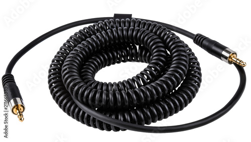 Foto Isolated black coiled audio cable, auxiliary stereo cord with gold-plated 3