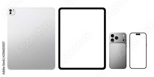 Photorealistic silver mobile devices collection mockup: smartphone and tablet pc. Front and back views isolated on transparent background. Vector PNG
