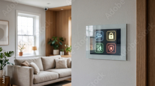 Sleek smart home security touchscreen hub on a gray wall in a modern living room. Display shows graphical icons. Blurred background with window and corner dome camera.