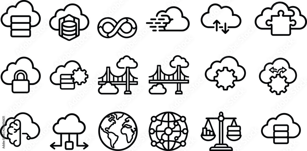 Fototapeta premium Cloud computing network outline icon set, featuring digital database, security, and global server architecture.