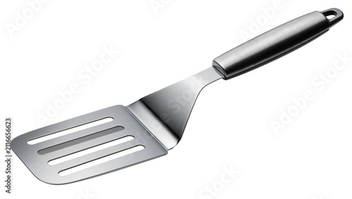 Принти на полотні Isolated shiny metal kitchen spatula with slotted blade, essential cooking tool