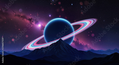 Ringed alien planet rising over dark mountain range in outer space landscape. Sci-fi cosmos and deep space concept.