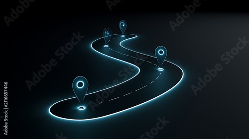 Neon glowing road path with location pin markers. Concept of digital travel planning and logistics tracking.