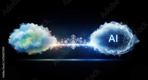 Cloud connecting to artificial intelligence network cloud with glowing spark line. Concept of AI cloud computing and data migration.