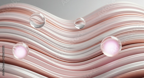 Abstract rose gold dynamic liquid waves with clear floating spheres. Concept of luxury skin care texture and cosmetic background.