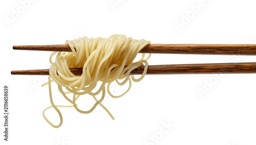 Isolated wooden chopsticks grasping a delicious tangled bundle of freshly cooked plain noodles.