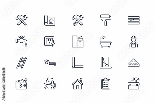 Set of twenty thin line home renovation and construction service featuring tools, building and maintenance symbols on white background