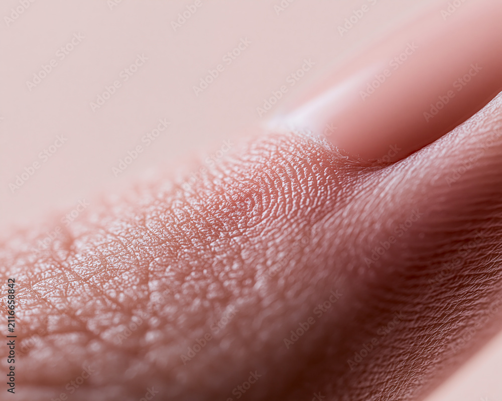 Fototapeta premium An extreme macro photograph reveals the fine fingerprint ridges, skin texture, cuticle, and natural fingernail of a human finger.
