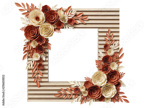 Wooden slatted frame adorned with handcrafted terracotta paper flowers. Rustic floral border template on transparent background.