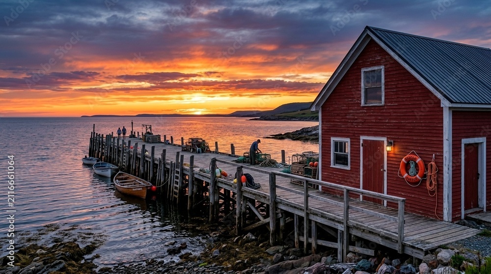 Fototapeta premium Coastal Red Boathouse at Sunset with Wooden Pier and Boats