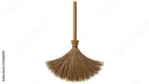 Fotografie Isolated natural straw broom with a smooth wooden handle, traditional household