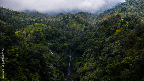Sekumpul waterfall on Bali, aerial drone shot
