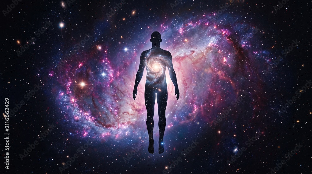 Fototapeta premium Human Silhouette Filled With Galaxy and Nebula Against Cosmic Starry Background