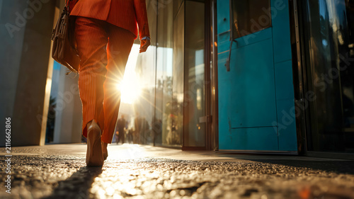 Golden hour sun illuminates woman in orange suit