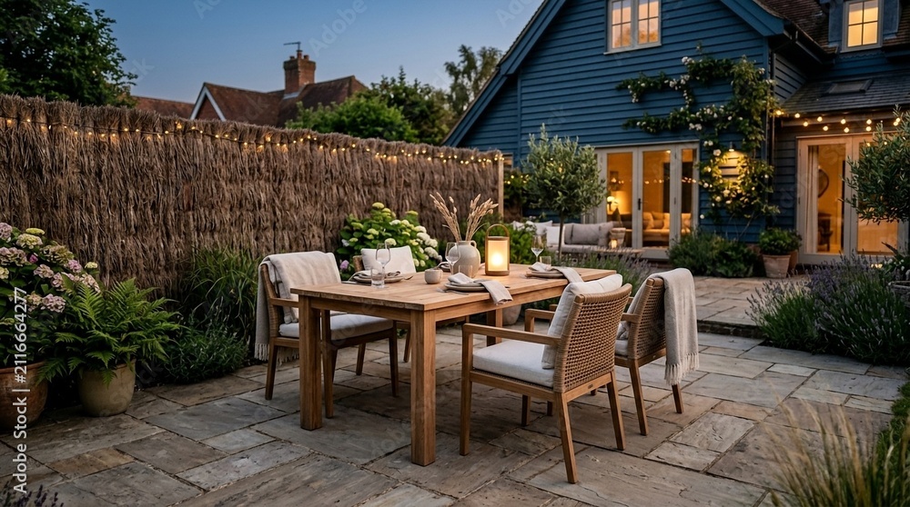 Fototapeta premium Cozy Backyard Patio with Dining Set and Garden Lights