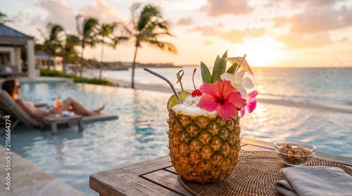 Piña Colada Cocktail at Luxury Tropical Resort Pool