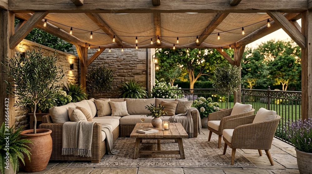 Fototapeta premium Cozy Backyard Pergola with Sectional Sofa and String Lights