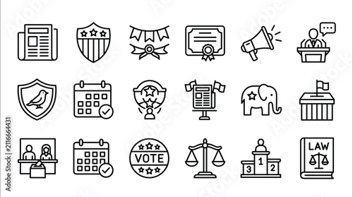 Democracy, Election and Law Flat Vector Icon Collection Featuring Voting, Constitution, Justice, Government, Legal System and Civic Rights Symbols