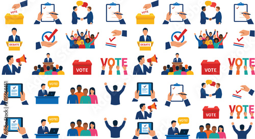 Voting Election and Democracy Flat Vector Icon Collection Featuring Ballot Box, Campaign, Government, Polling Station, Civic Rights and Democratic Participation Symbols