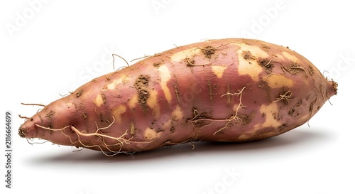 A single, raw sweet potato with reddish-purple skin, earthy soil remnants, and fibrous roots rests on a stark white background, showcasing its natural, unadulterated form.