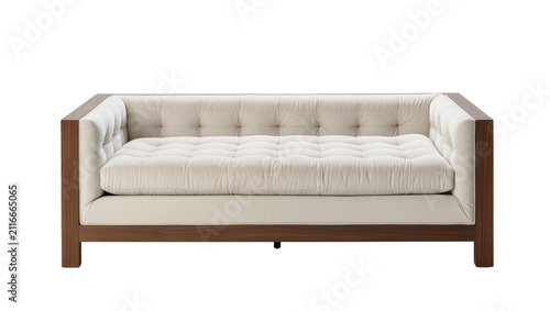 Quadro su tela Isolated elegant contemporary wooden framed loveseat with soft light beige tufte