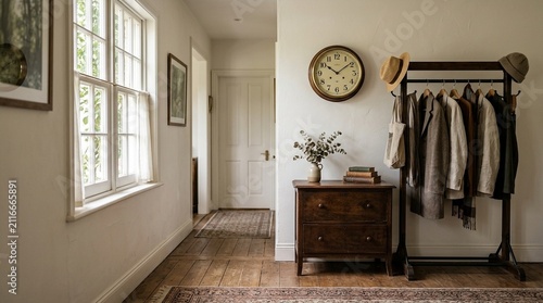 Cozy Hallway with Vintage Coat Rack, Antique Chest, and Window View