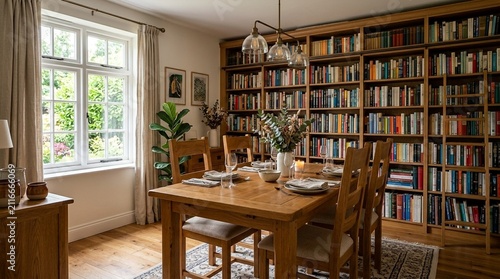 Cozy Home Dining Room with Bookshelf Wall and Natural Light