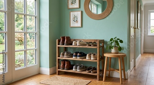 Cozy Home Entrance With Shoe Rack, Green Walls, Round Mirror and Wooden Stool