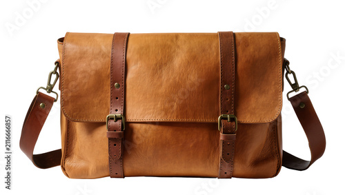 Bild auf Leinwand Isolated brown leather messenger shoulder bag with vintage buckles and straps