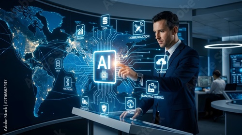 A businessman in a suit interacting with a futuristic holographic world map display with AI icon and global data points in a high-tech control room environment