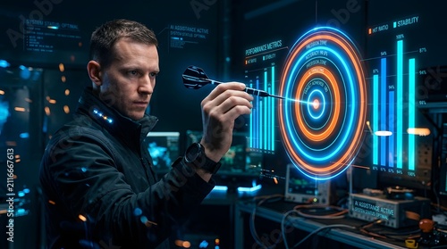 A female technician or analyst standing in a dimly lit control room facing a large holographic projection of a target bullseye with concentric circles and data graphs