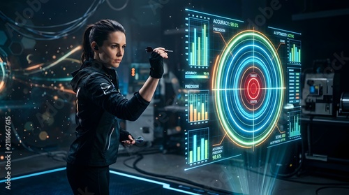 A female technician or analyst standing in a dimly lit control room facing a large holographic projection of a target bullseye with concentric circles and data graphs