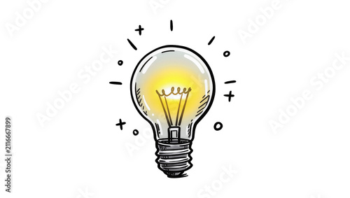 Canvas Print Isolated glowing light bulb hand drawn cartoon style creative idea solution insp