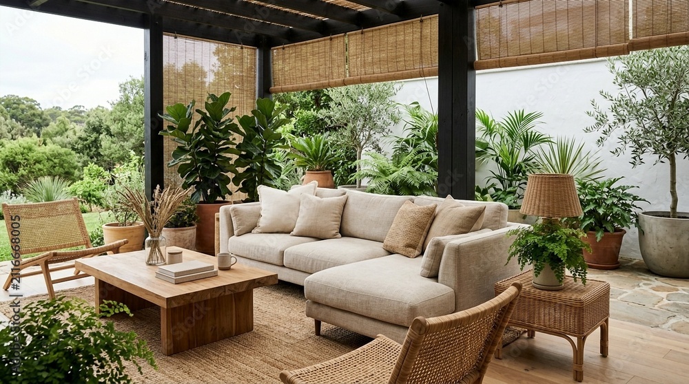 Fototapeta premium Bohemian Outdoor Living Room with Plush Sofa and Natural Textures