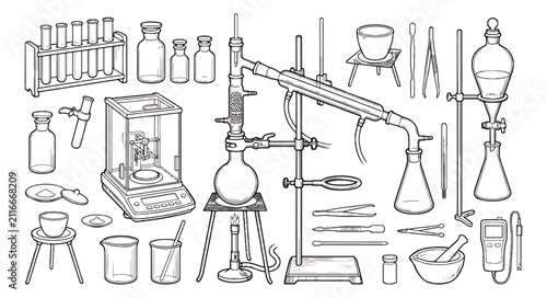 Картината върху платно Vintage chemistry laboratory equipment set, hand drawn science glassware and res