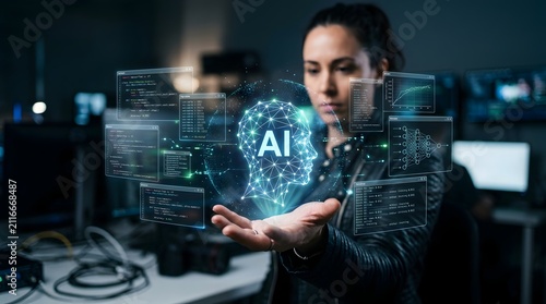 A focused businesswoman in a high-tech office environment holding her palm up with a glowing blue holographic AI wireframe human head projecting above her hand, symbolizing artificial intelligence