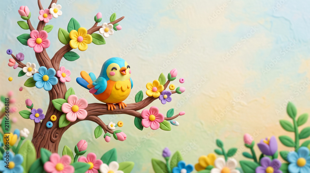 Obraz premium 春の花と小鳥が彩るナチュラルガーデン 3Dクレイ風コピースペース背景