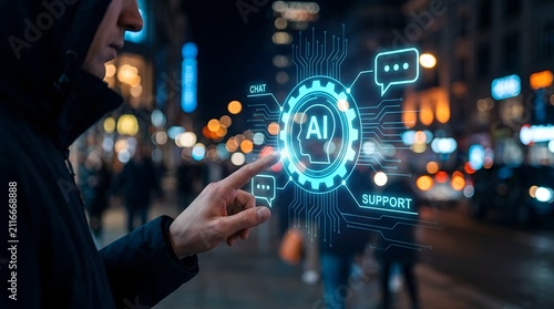 Close-up of a hand touching a futuristic holographic AI security interface with fingerprint scanner and gear icon against a nighttime city skyline background, representing cybersecurity