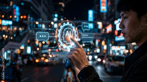 Close-up of a hand touching a futuristic holographic AI security interface with fingerprint scanner and gear icon against a nighttime city skyline background, representing cybersecurity