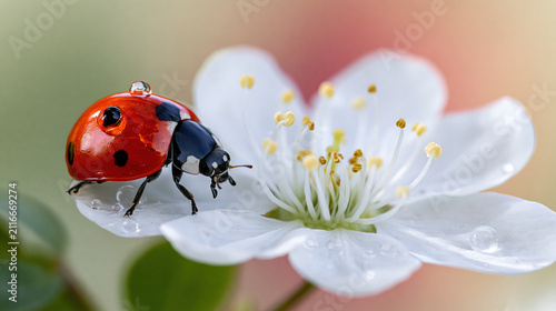 Ladybug crawling on white flower with dew