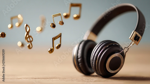 Headphones rest on wooden surface with music notes floating nearby