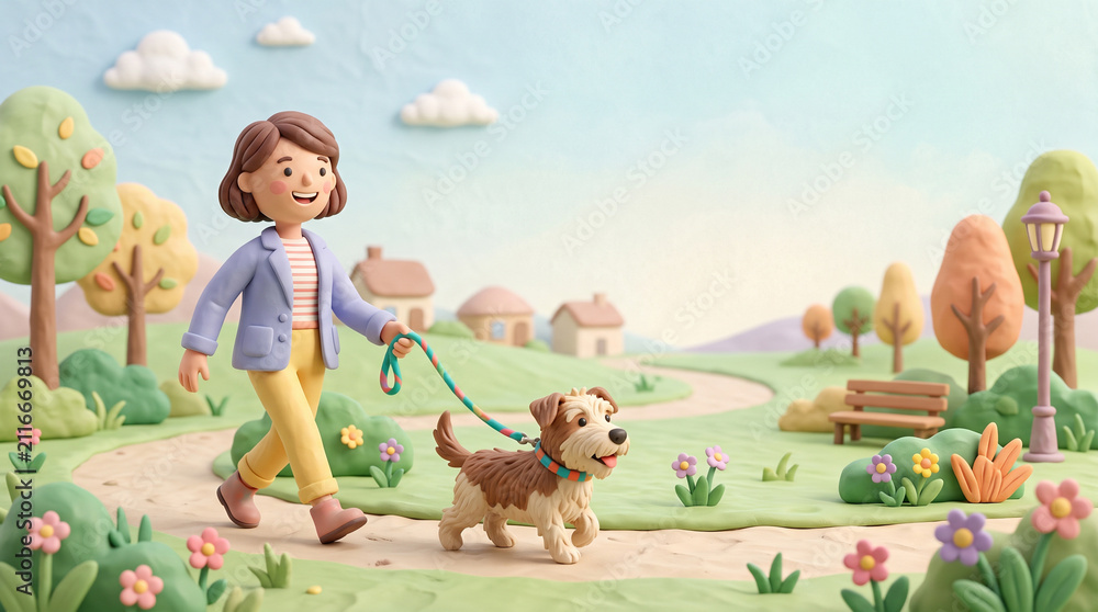 Fototapeta premium 犬の散歩を楽しむ女性と公園の暮らしを描いた3Dクレイイラスト