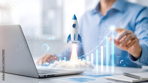 Businessman analyzing futuristic skyrocketing financial chart with launching 3D rocket for startup business growth and rapid corporate success