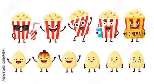 Quadro su tela Cute popcorn bucket and kernel cartoon character set with different emotions