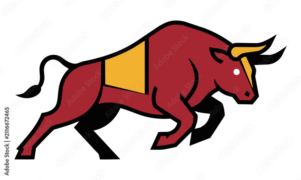 Fototapeta premium Minimalist silhouette of a charging bull with bold flat shapes and clean monoline outlines on a solid background for a powerful business brand concept