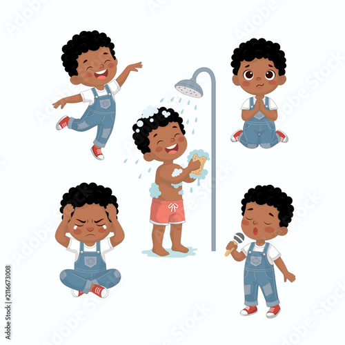 Collection of cute child characters showing different emotions and everyday activities. African American boy bathing, singing, praying, smiling, crying, and having fun. Cartoon vector illustration